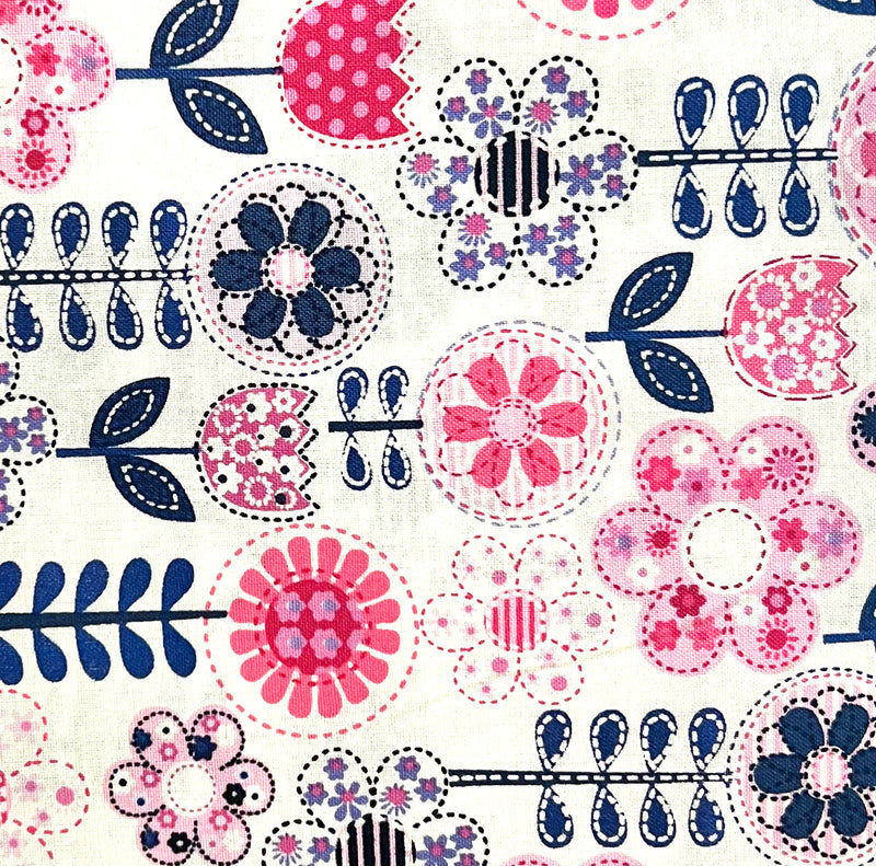Daisy Floral Pink Navy Fabric by the yard