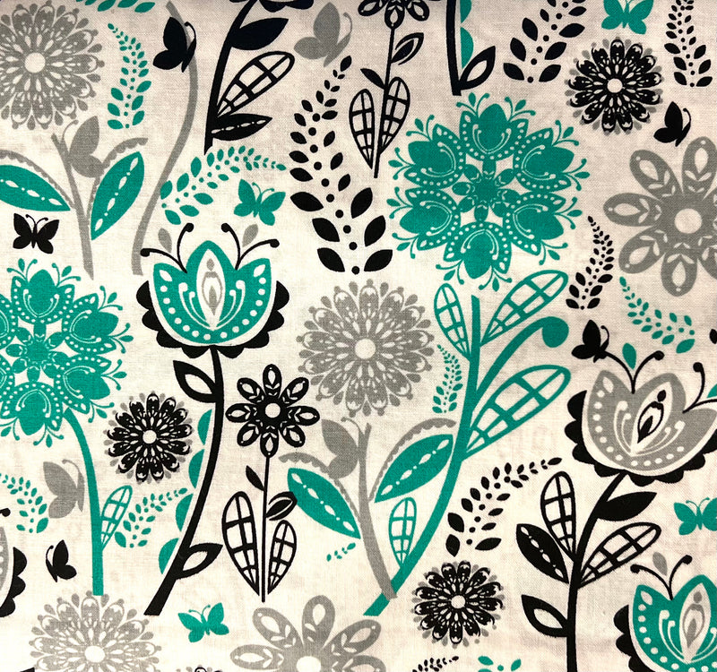 Daisy Floral Black Green Fabric by the yard