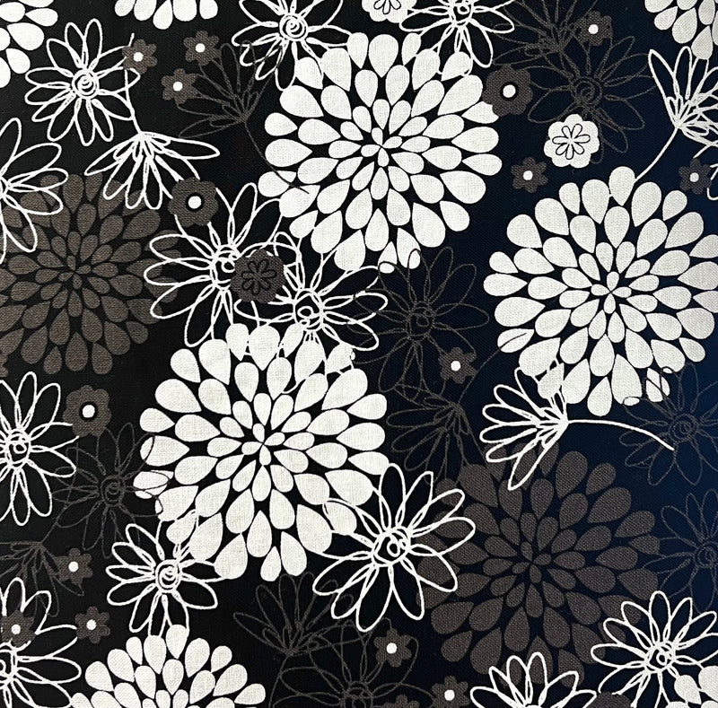 Daisy Floral Black White Fabric by the yard